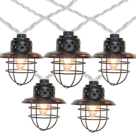 33376883 Black Metal Caged Fisherman Lantern Summer Garden Patio Lights - Black Wire, Set of 10